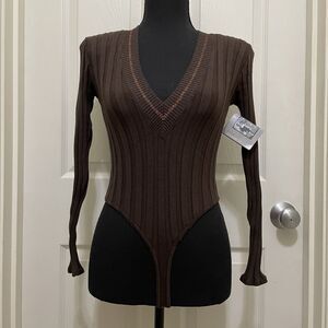 Vintage Wayne Rogers Ribbed Bodysuit Silk Blend Brown Gold NWT V-Neck Medium 90s